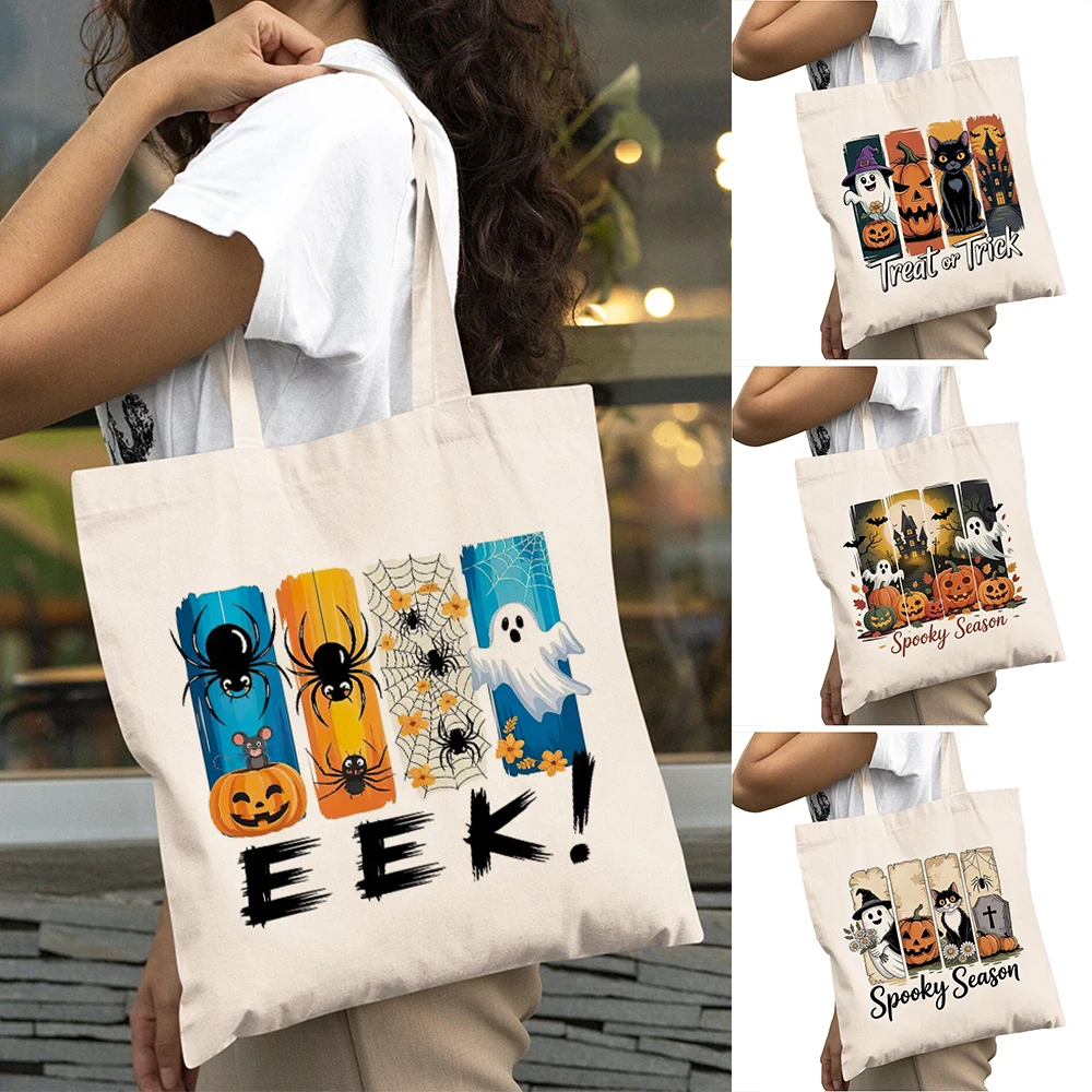 

Vintage Spooky Ghost Lady Shopping Bags Witch Cat Women Daily use Shoulder Handbag Graveyard Pumpkin Girl Shopper Bag 40x45cm