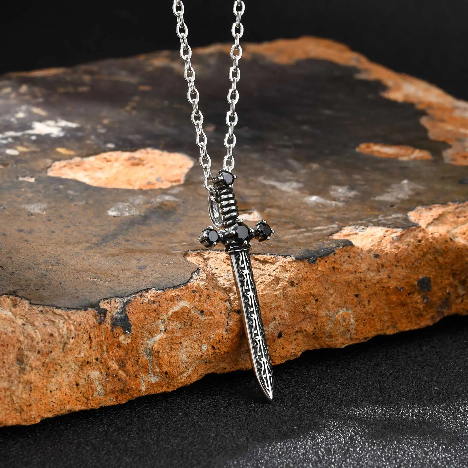 Man's Punk Rock Cross Sword Pendant Necklace, Long Knife Shaped Stainless Steel Necklace, Vintage Gothic Jewelry