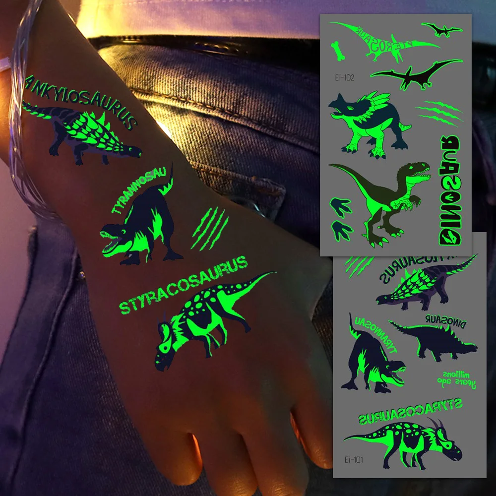 10 Blatt im Dunkeln leuchtende temporäre Dinosaurier-Tattoos – wasserfeste, leuchtende, einfach anzubringende Aufkleber für Geburtstagsfeiern und Geschenke – F – Detail 9
