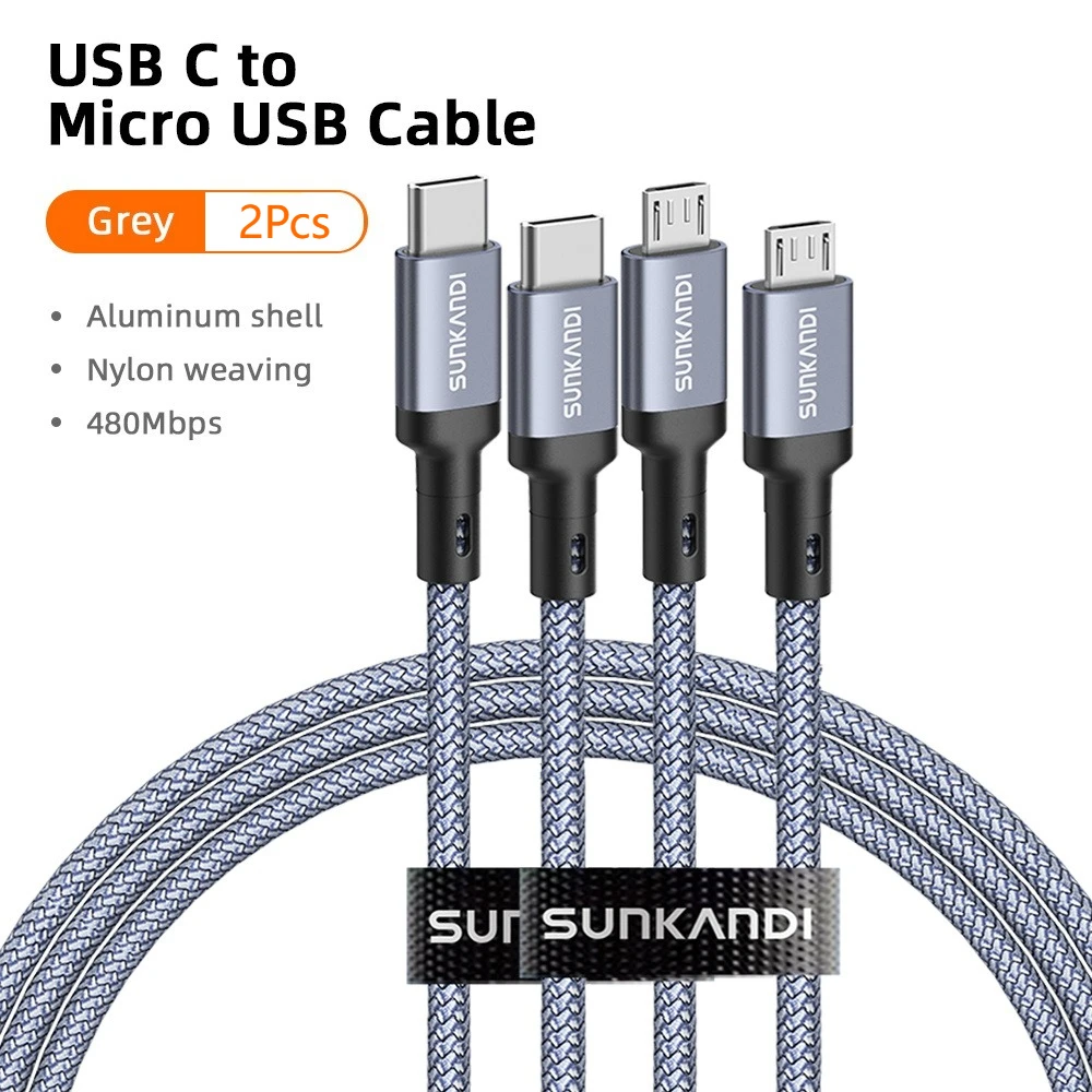 SUNKANDI USB C naar Micro USB Kabel (2 stuks), Gevlochten USBC naar MicroUSB OTG 480Mbps Kabel voor Wandladers, MacBook Pro, Air, Galaxy