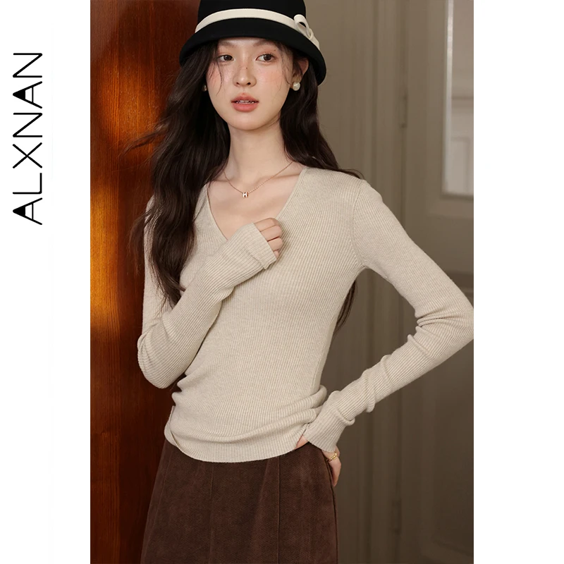 

ALXNAN женские пуловеры с v-образным вырезом, обычные плечи, облегающий трикотаж с длинными рукавами, осенние мягкие нежные многослойные универсальные топы L58291