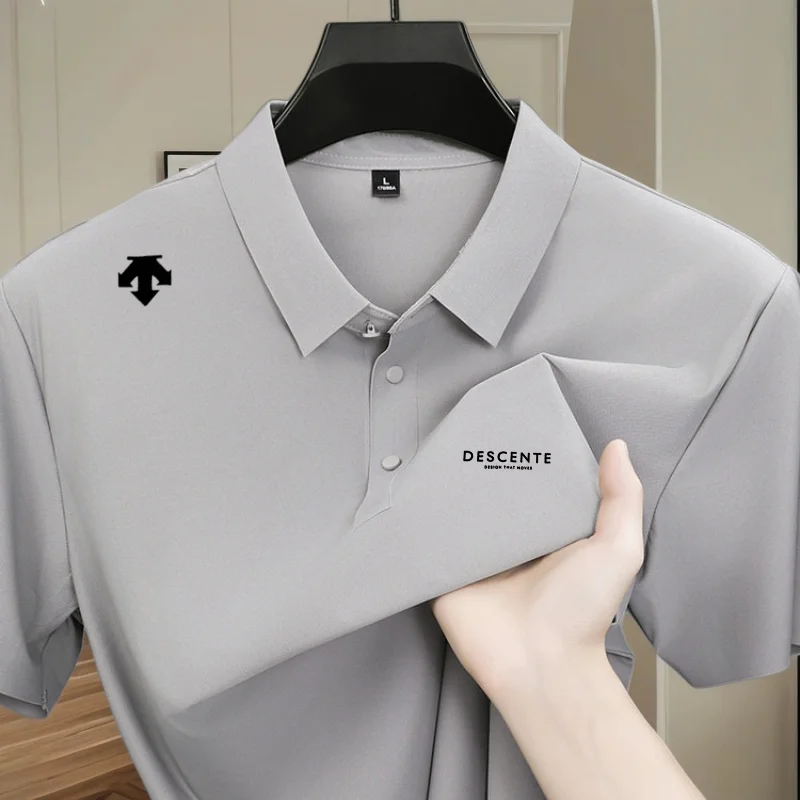 High quality ice silk polo shirt short sleeved men's sports brand printed top 2026 summer new cool and breathable casual T-shirt