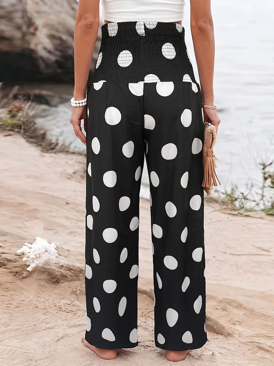 Hochgeschnittene Damen-Hose mit Polka-Dot-Muster, Weites Bein, Elastischer Bund, Palazzo-Stil, Schicke Sommer-Strandhose, Boho Casual Lange Hose – Detail 3