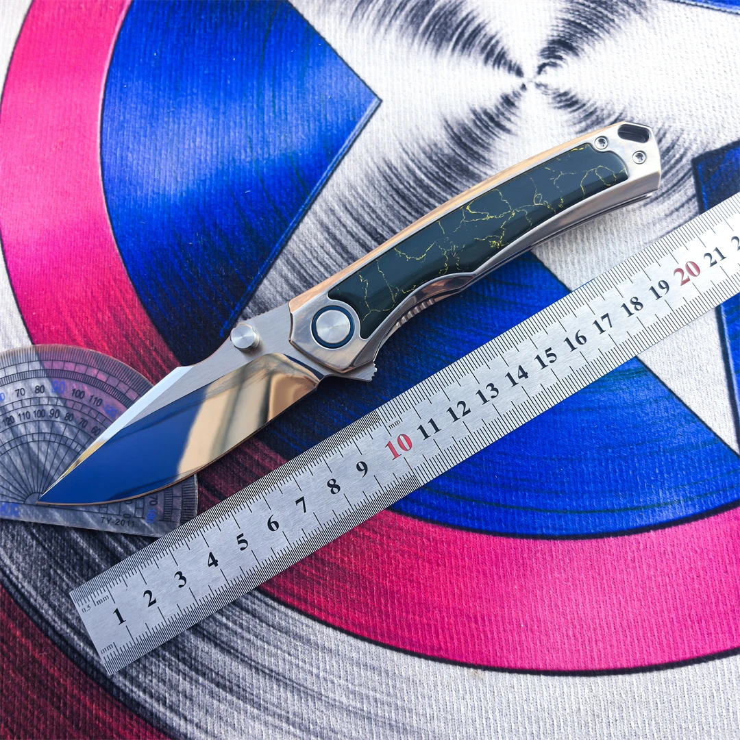 Mirror folding knife VG10 blade turquoise titanium alloy handle bearing camping outdoor fishing hunting EDC defense tool