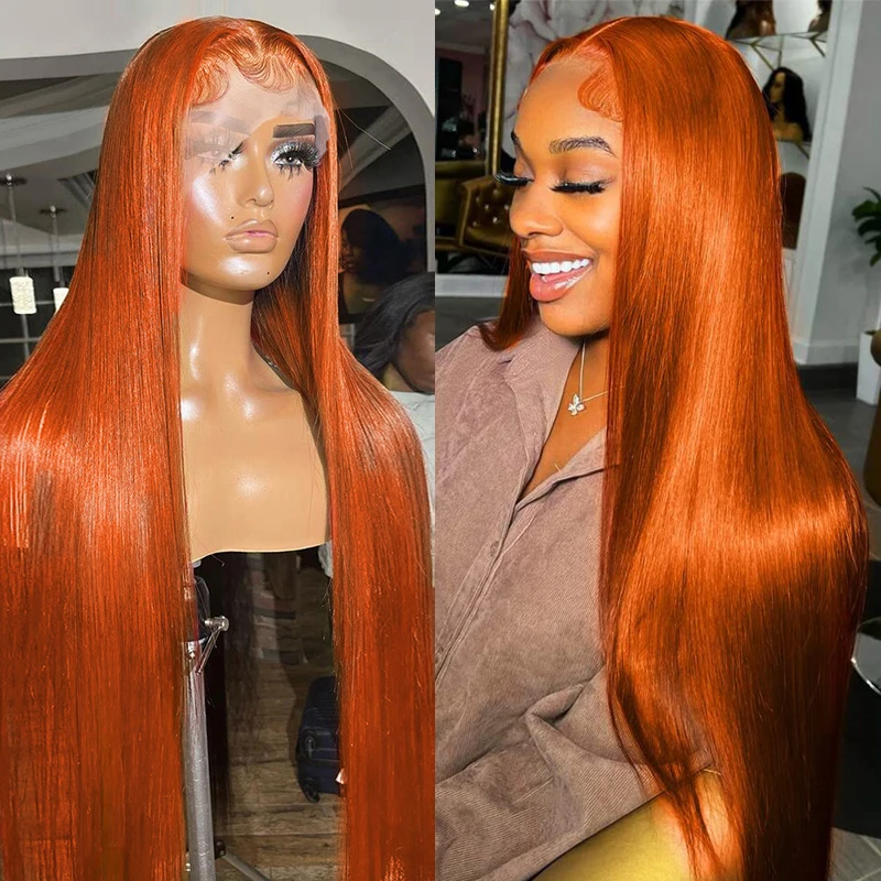 Perruque Lace Front Wig naturelle lisse, cheveux humains, 4x4, 13x4, orange, densité 220%, vidéo