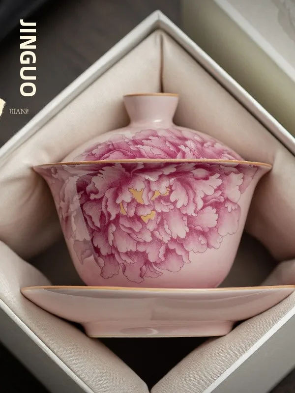 

Pink Porcelain Peony Tea Set Ladies Gongfu Tea Bowl Home Use Ceramic Tea Serving Bowl Traditional Chinese Style Tea Utensils