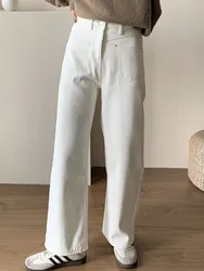 ZHISILAO New Beige Straight Jeans Women Winter Warm High Waist Wide Leg Denim Pants 2023
