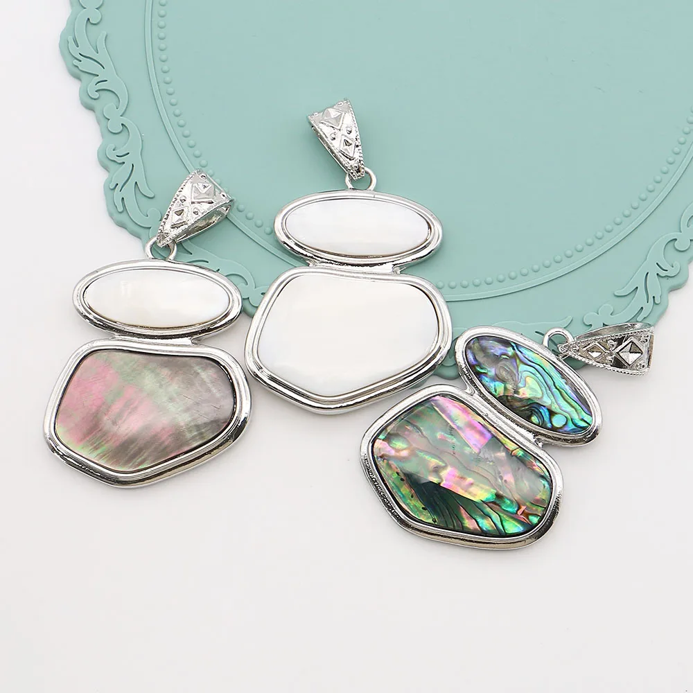 

1pc Geometric Inlaid Natural Abalone/black/white Shell Design Pendant For Handmade Fashion Necklace Jewelry Accessories 45x69mm