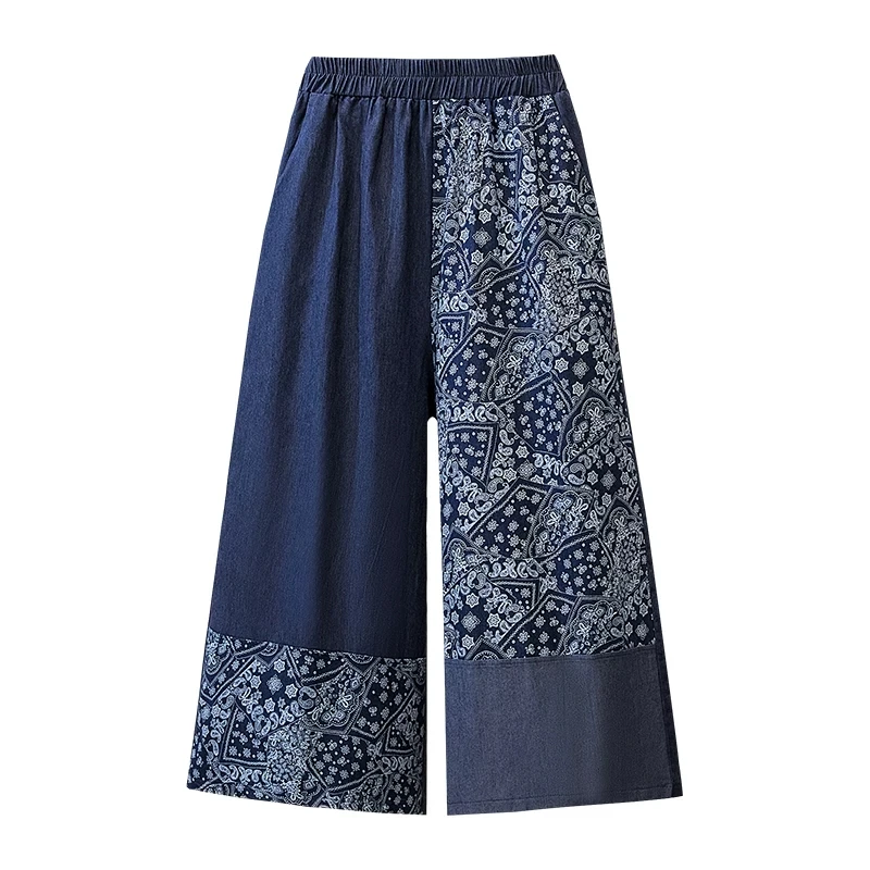 2026 Summer New Women Vintage Patchwork Wide Leg Pants Ethnic Print Splice Elastic Waist Trousers Loose Casual Cropped Trousers