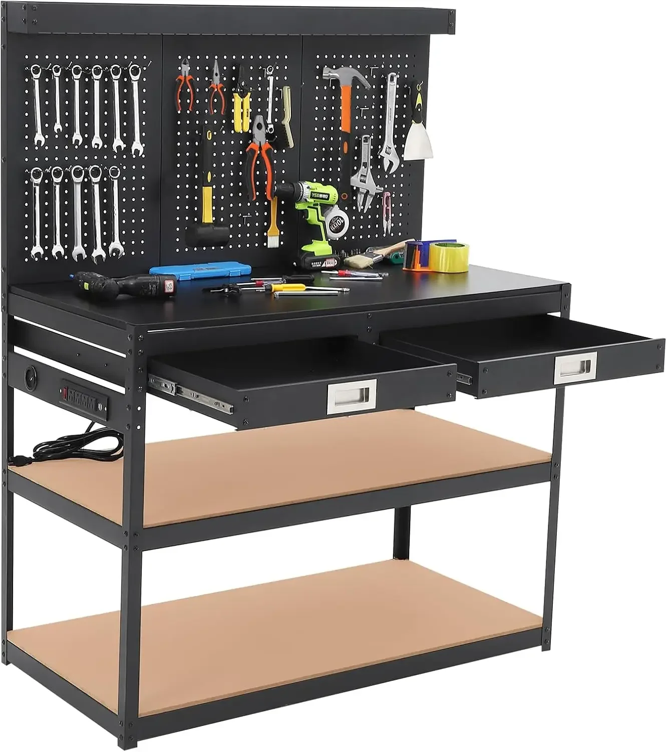 Work Table, Heavy-Duty Steel Tool Workbench with 2 Drawer, Pegboard, 1000 LBS Load Capacity, 3 Level Workbench with Power Outlet