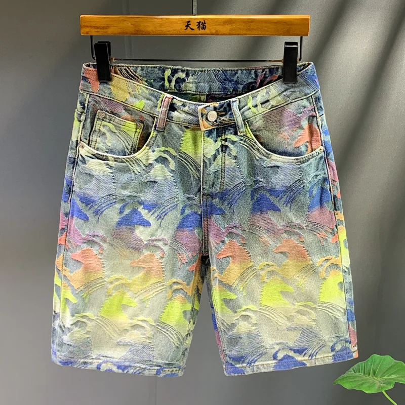 

2025 Summer New Trendy Brand Multi Color Jacquard Printed Design Five Part Pants for Men, Loose Straight Denim Shorts