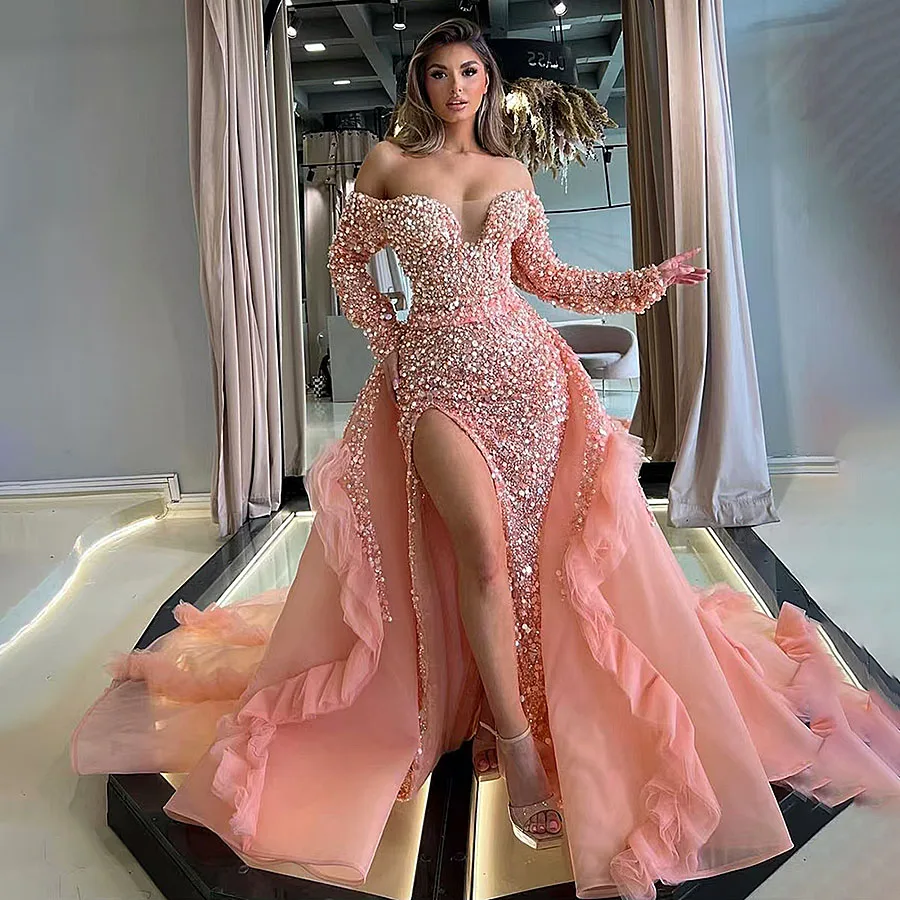 Sparkling Pink 2025 Women Evening Dress High Back Long Sleeve Pearls Wedding Party Gowns With Overskirts Dubai Formal Prom Dress