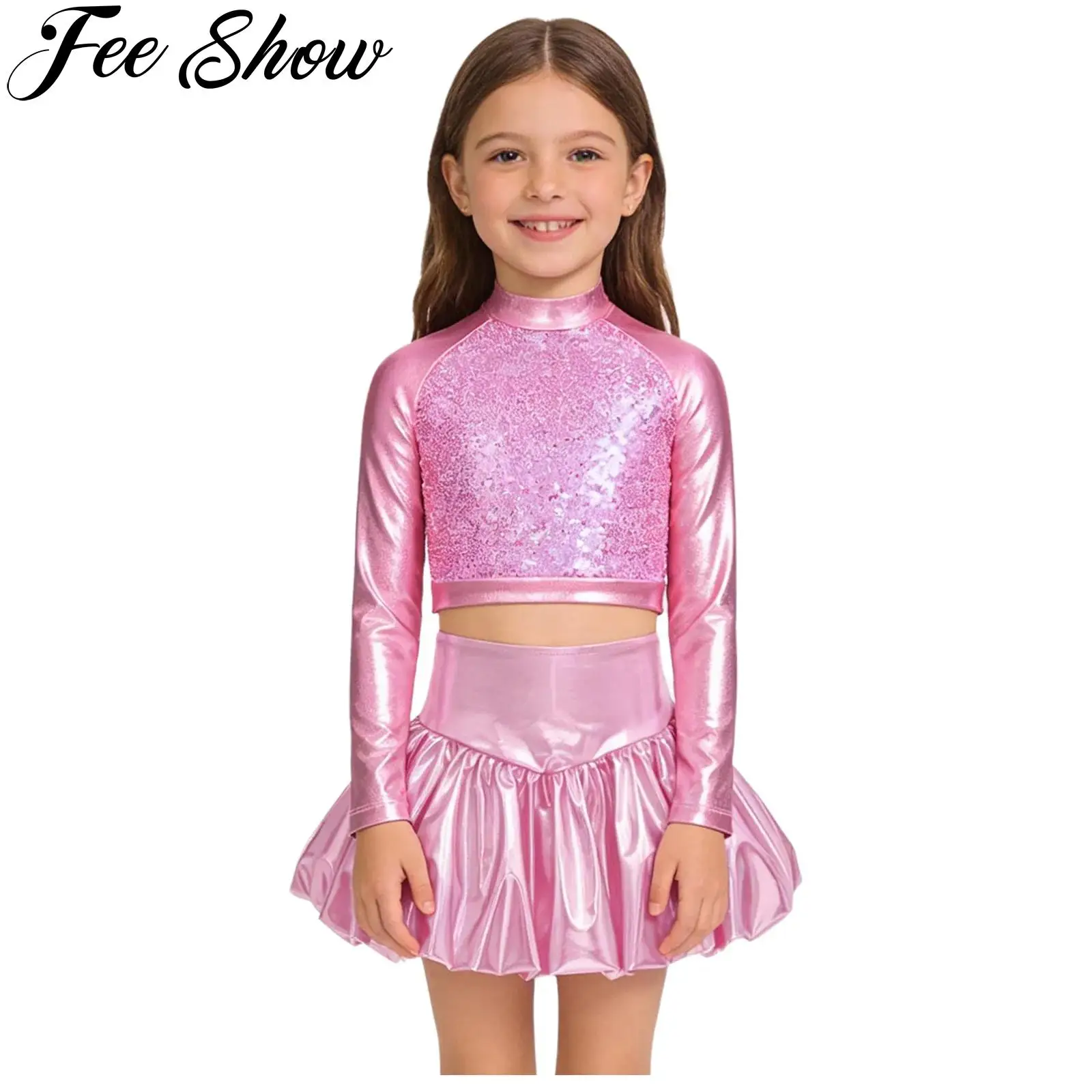 Kids Girls Metallic Shiny Disco Jazz Hip Hop Dance Outfit Cheerleading Costume Long Sleeve Sequins Crop Top with Bubble Skirt