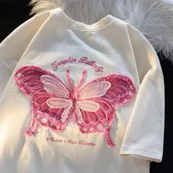 Pure cotton milk system butterfly embroidery couples short sleeved T-shirt female summer ins versatile college wind on clothes