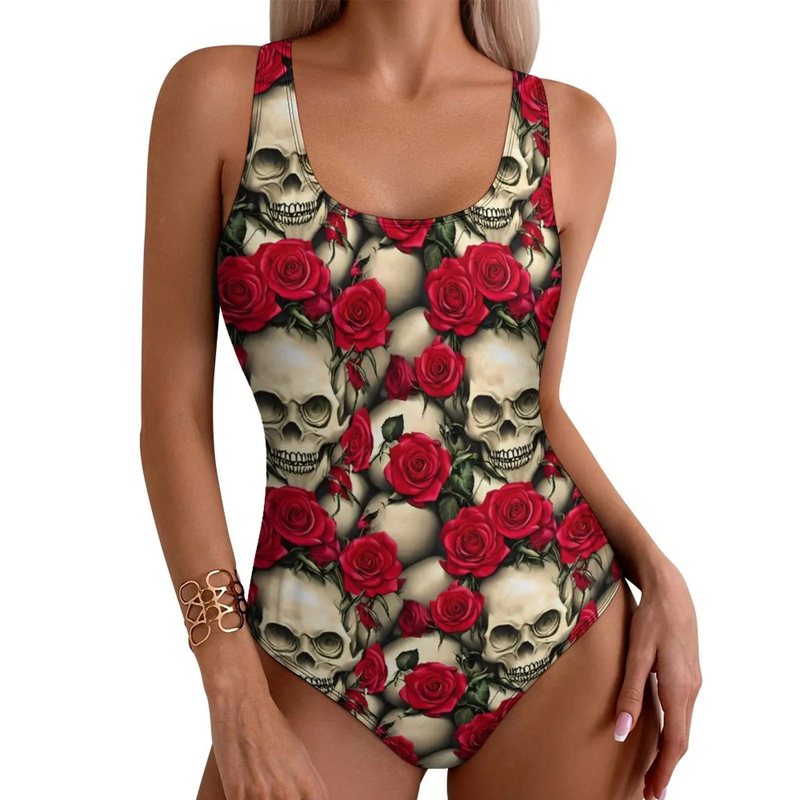 

Готический купальник с черепами, сексуальный красный купальник с принтом роз, женский купальник, цельный боди в стиле ретро, монокини без рукавов с эффектом пуш-ап для отпуска