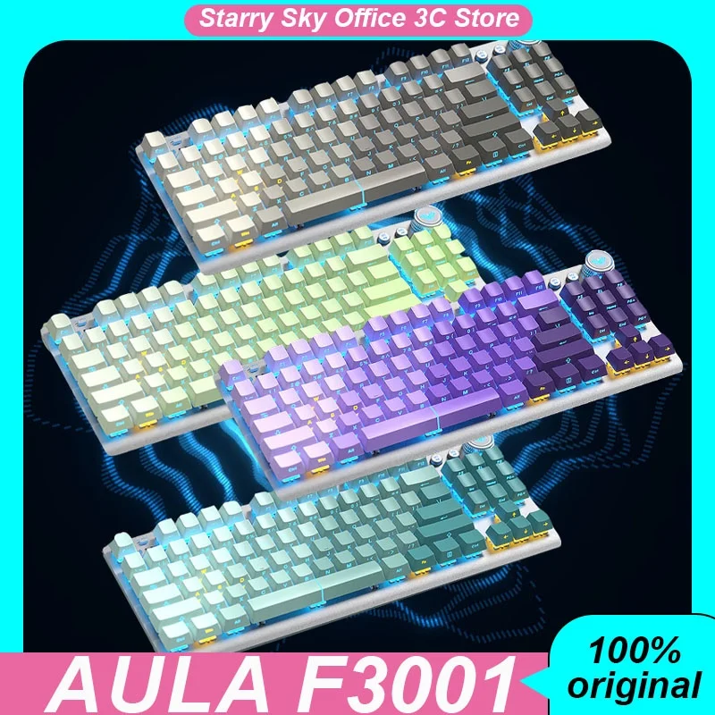 Aula F3001 Mechanical Keyboard Wireless 3mode Multifunctional Knob Flowing Light Gradient Lateral Carving Keycap Gaming Keyboard