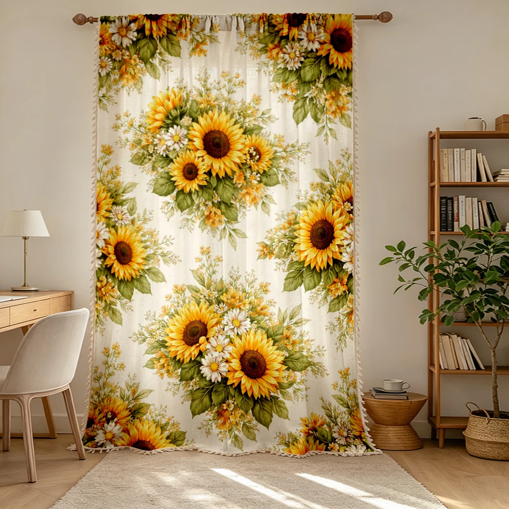 1PC Floral Tassel Sheer Curtains, Sunflower Bouquet, Digital Print, Linen Polyester, Bedroom Living Room, Rod Pocket Polyester