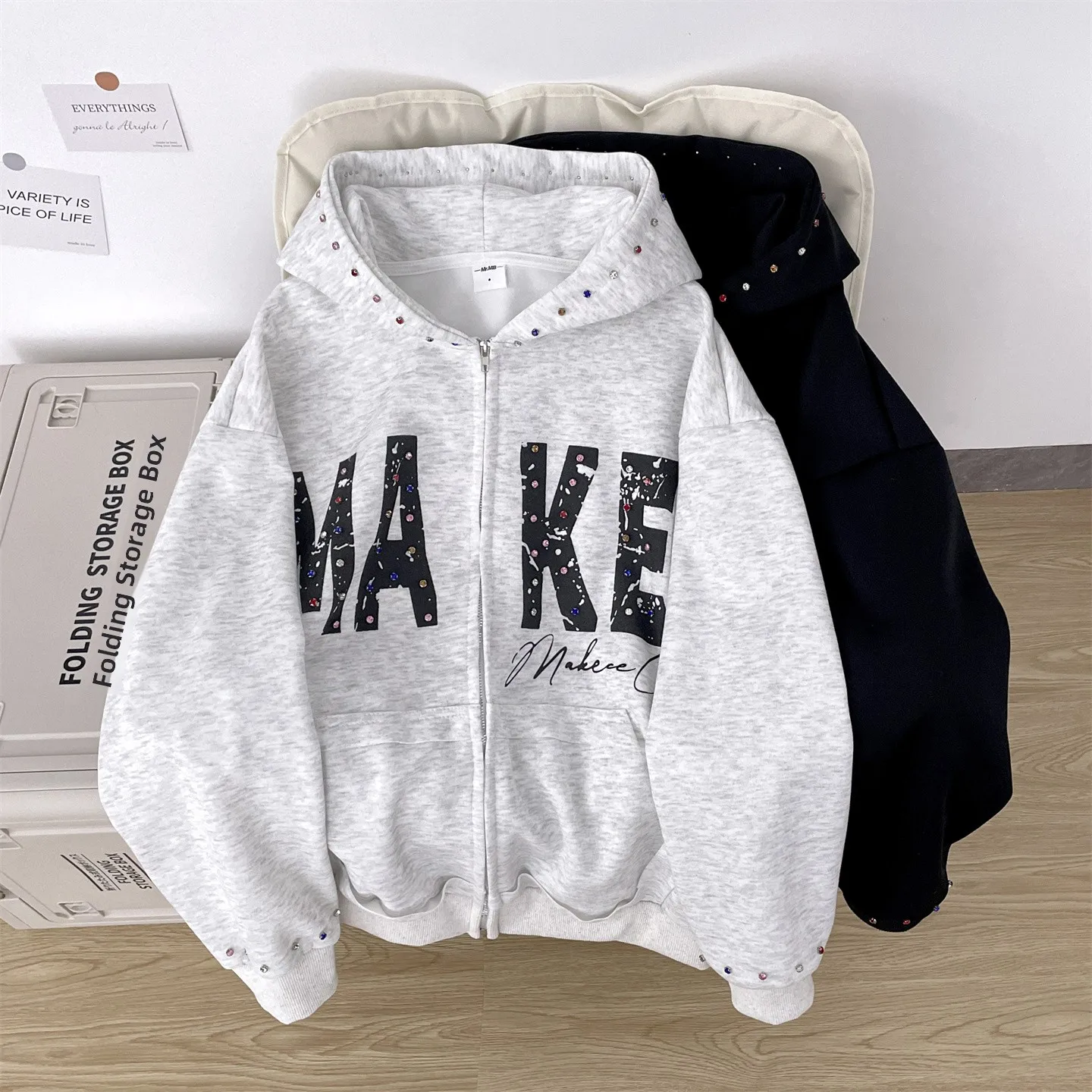 

American Hiphop Letter Hoodie Men's Street Sle Heavyweight Couple's Oversize Sweatirt Jaet Loose Fit Long Sve Zipper