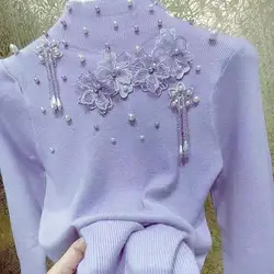 Pearls Beaded Crystal Tassel Flowers Stitch Sweater For Women Spring Autumn 2026 Knitwear Pullovers Femme Clothes
