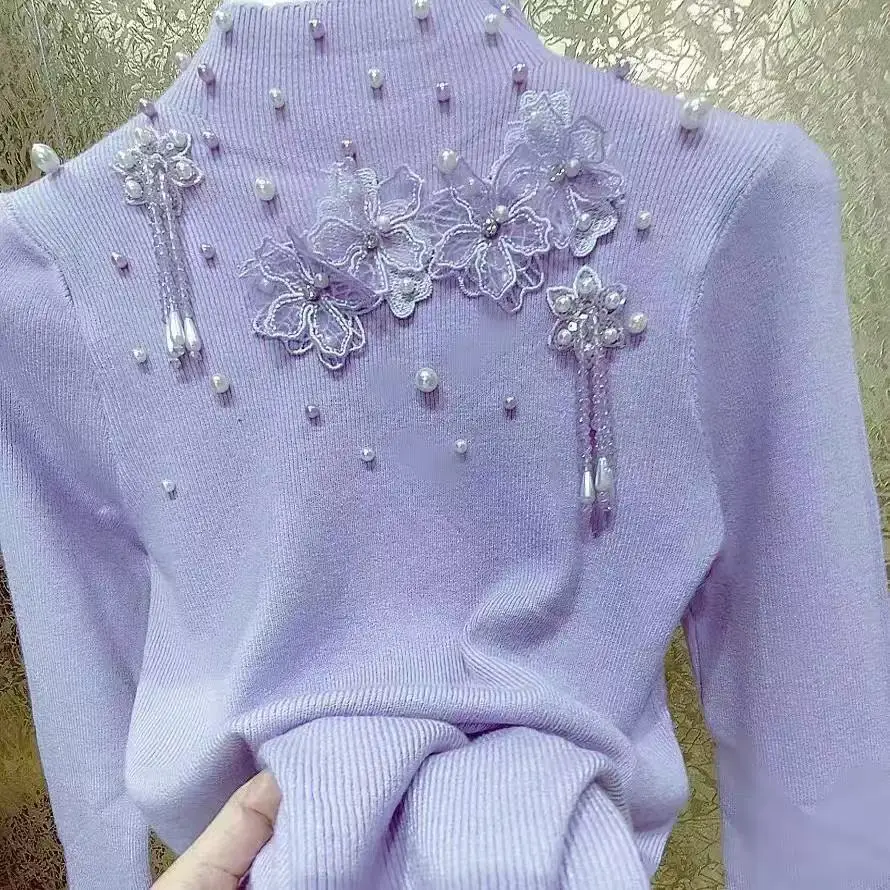 Pearls Beaded Crystal Tassel Flowers Stitch Sweater For Women Spring Autumn Stand Neck Knitwear Pullovers Femme Clothes