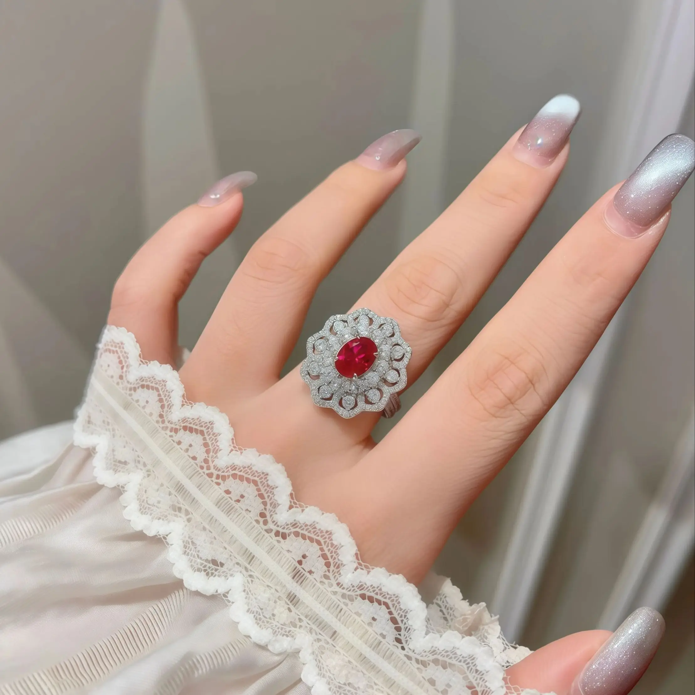 WENXIN العلامة التجارية عالية الجودة المبيعات الساخنة الكلاسيكية حمامة الدم الأحمر البيضاوي الدائري مع عالية الكربون الماس والياقوت مجموعة خاتم