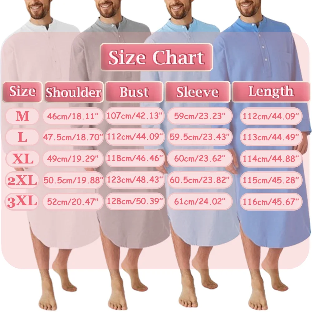 Men\'s Casual Long Nightgown Robe Solid Color Long Sleeve Night Dress Loose Long Shirt Bathrobe Kaftan Thobe with Pocket Homewear