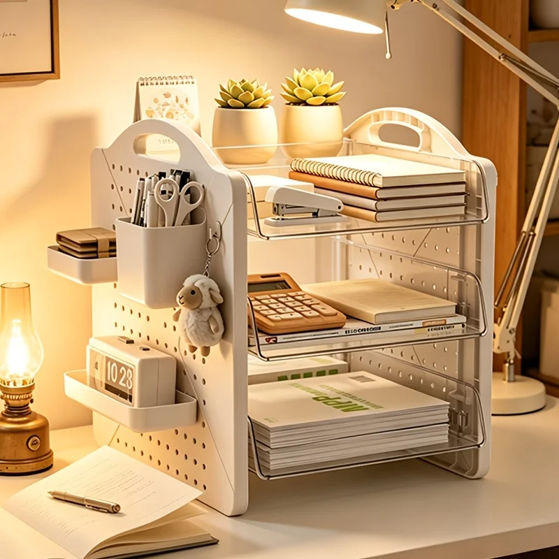 Multi-Layer Desktop File Organizer Shelf Storage Rack Paper Document Holder with Hanging Pen Tray Office Desk Stationery Storage