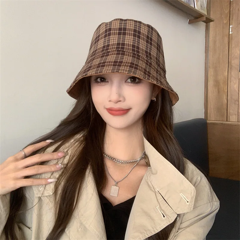 Double-sided Plaid Fisherman Hat Ladies Spring Summer Retro Simple Hat