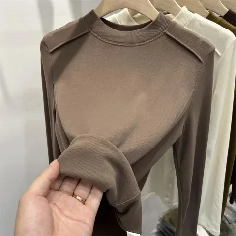Elegant Long Sleeve Fleece Brushed T-Shirt Women's Base Layer Shirt round Neck Commute Style Autumn New Arrival Thickened