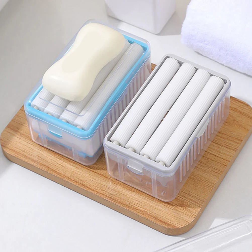 

2pcs Multifunctional Roller Box Drainage Design PP Plastic Countertop Soap Holder for Bathroom Kitchen Faucet Shower Grey