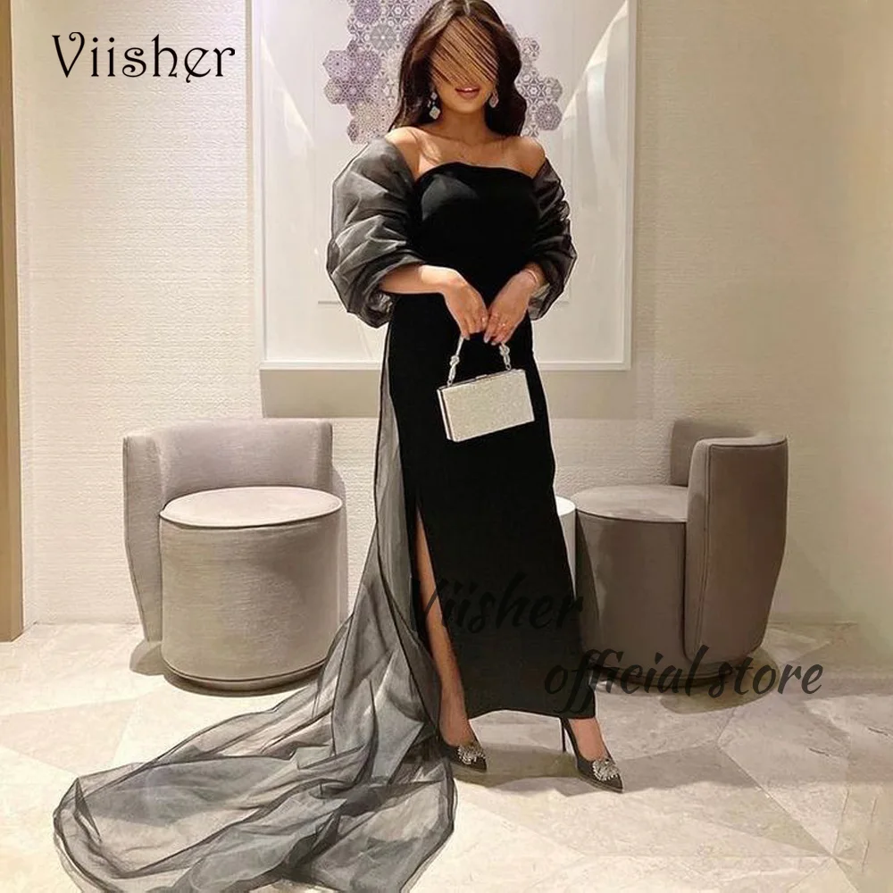 Viisher-Robe de Soirée de Forme Sirène Noire avec Veste, Fendue sur le Côté, Élégante, Arabe, Dubaï, Longueur Rincée, Formelle, Quelle que soit