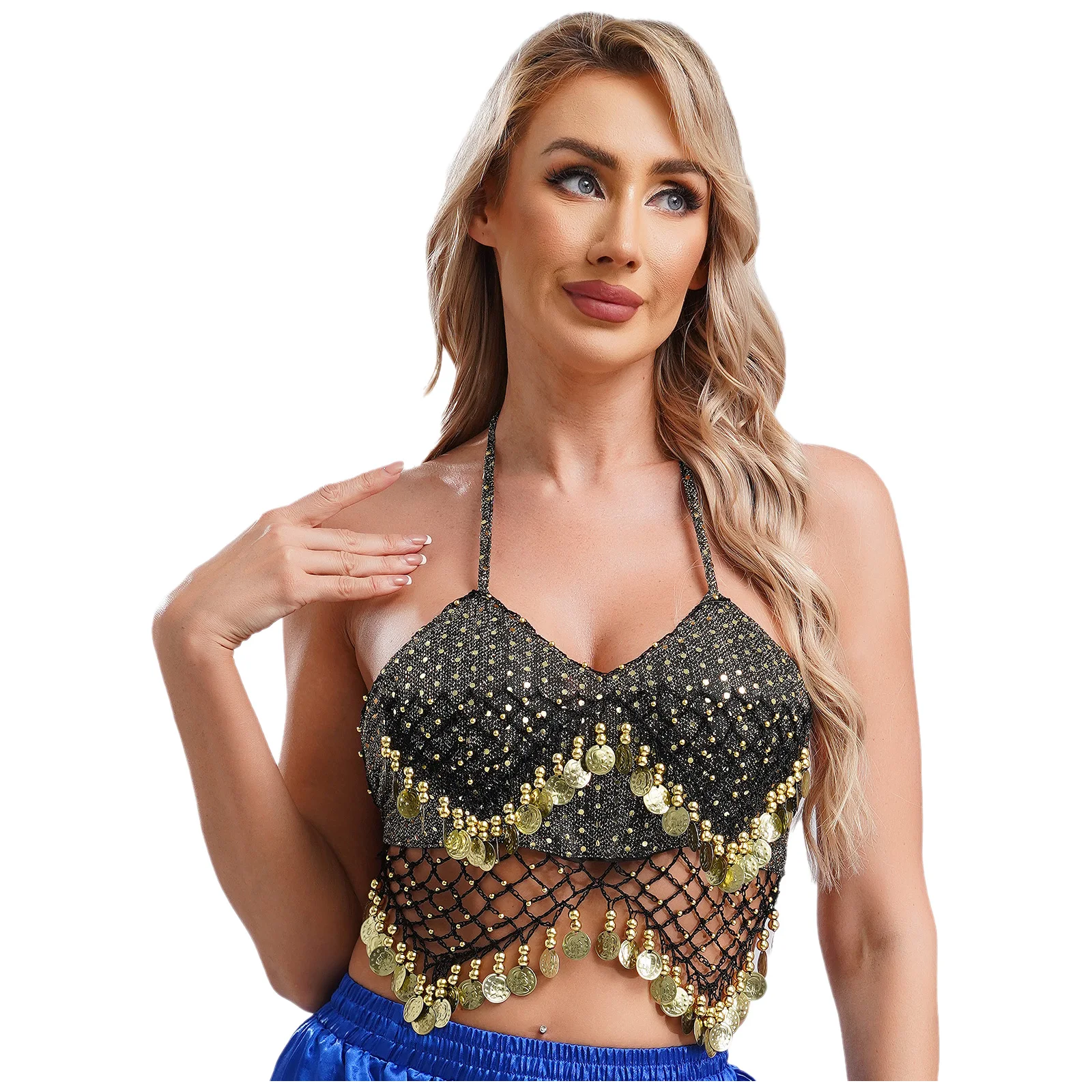 Adult Belly Dance Crop Top Ladies Halter Sequins Bra Top Camisole Arabian Princess Bollywood Stage Performance Costume