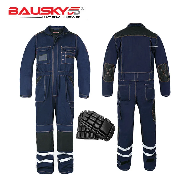 

Bauskydd 100% Cotton Coveralls for Men with Reflective Stripes Workwear Jumpsuits Welding Car Repair Working Uniform Knee Pads