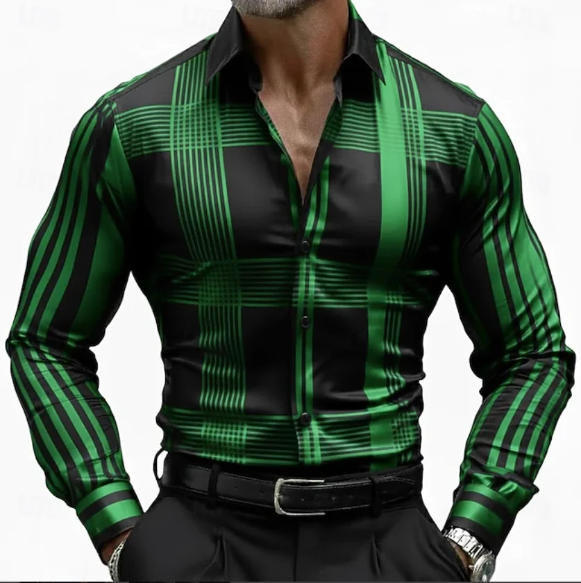 New men's retro checkered shirt gradient outdoor 3D python print street long sleeved button casual shirt top