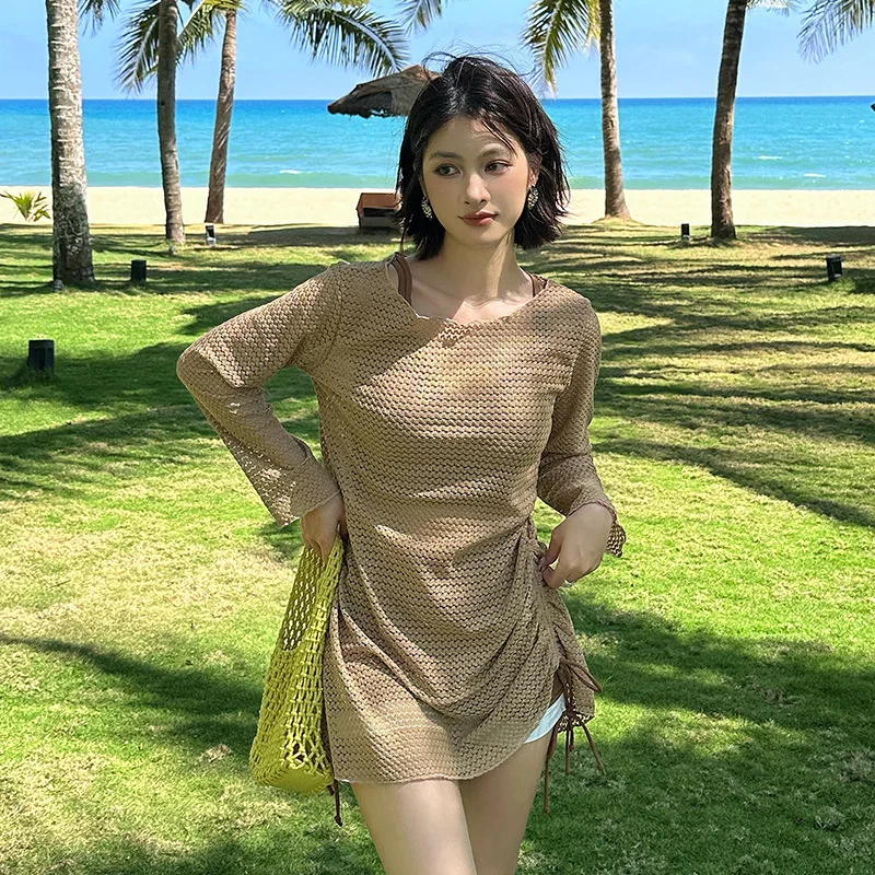 Women 3‑Piece Swimsuit Plus Size Mesh Cover Up Swimwear Criss‑Cross Bikini Top short Bottom Modest Bathing Suit Beachwear