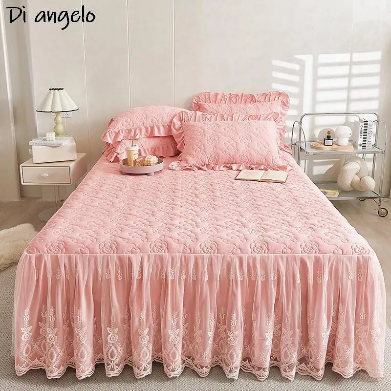 Embroidery Cotton Lace Thickened Quilting Bed Skirt, Bedspread Pillowcase, Mattress Cover,  Home Textile, Multi Color #, 1Pc