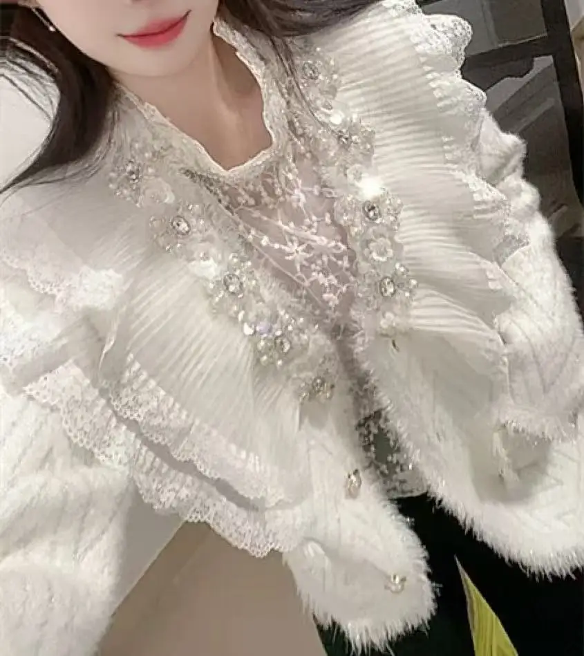 

Вязаный кардиган с бриллиантами и кристаллами и бисером, пальто для женщин, плотная теплая осенне-зимняя верхняя одежда, свитер, женская милая трикотажная куртка