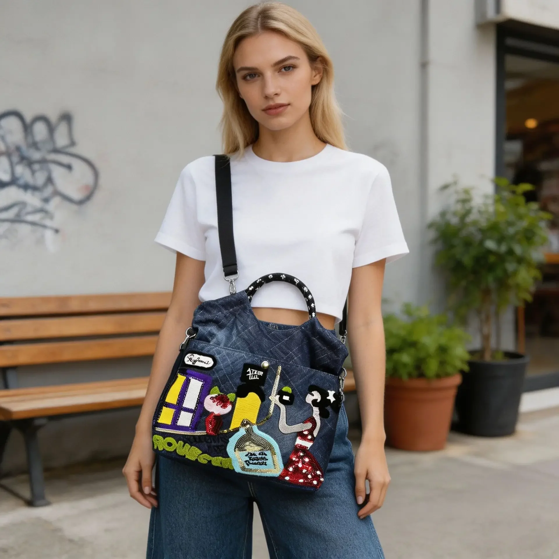 Women's fashion versatile embroidered patchwork handbag applique gradient crossbody shoulder bag simple and versatile