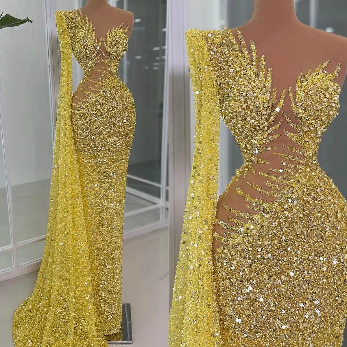 One Shoulder Mermaid Prom Gowns Sparkling Pearls Sequins Floor Length Cloth Party Dresses Trumpet Evening Dresses