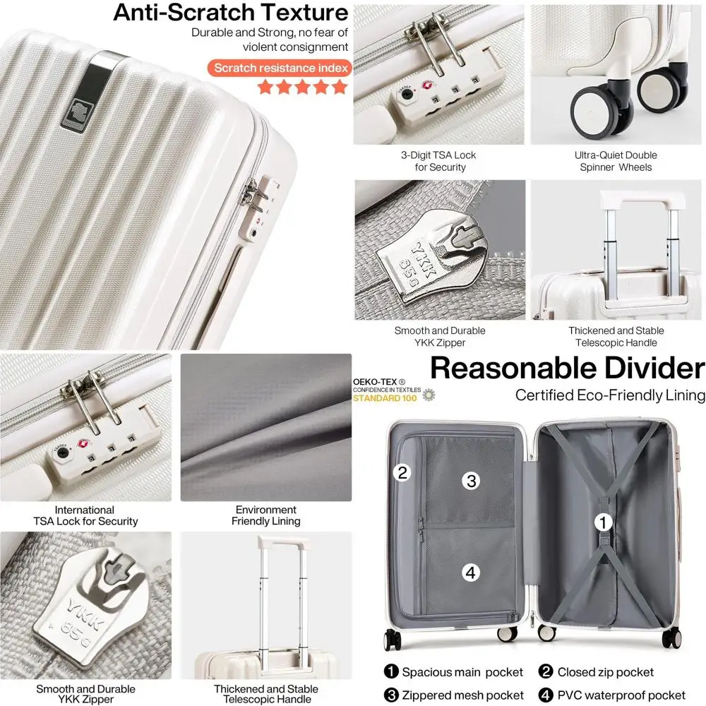 

20 Airline Approved Lightweight PC Hard Shell Rolling Suitcase, 22x14x9, Ivory White - Perfect for Travel & Gifts