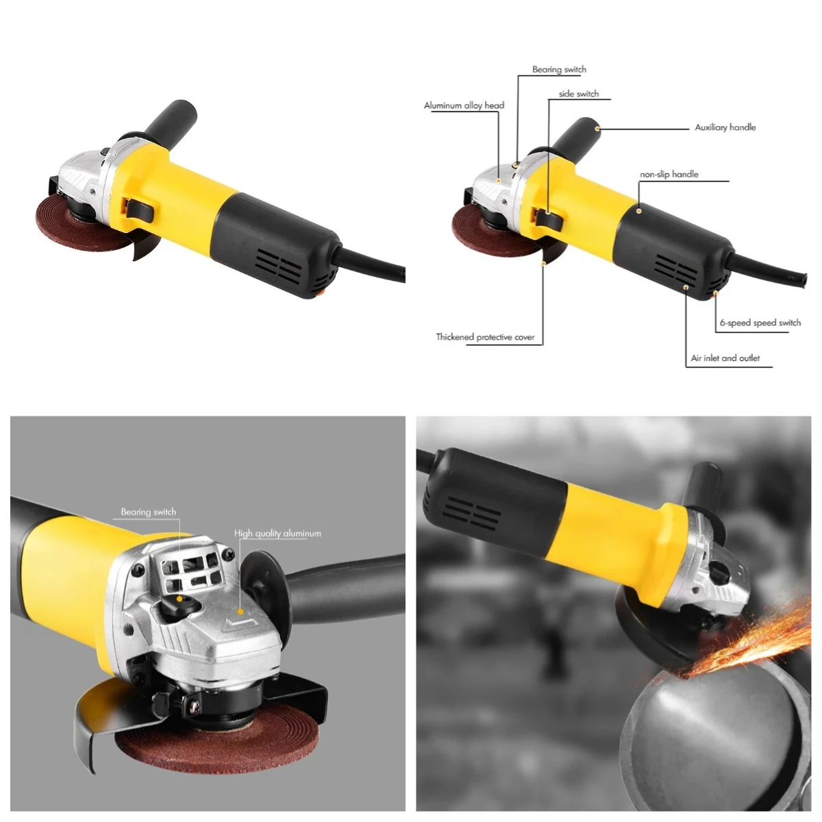 1050W 125mm Angle Grinder, 6 Gears Adjustable Multifunctional Electric Power Tool for Cutting Polishing Grinding