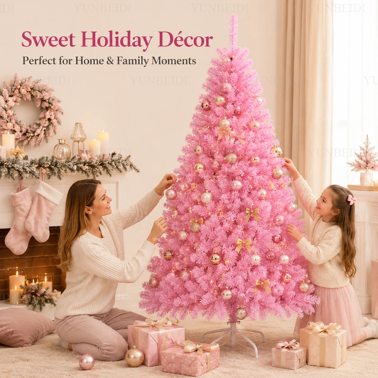 Pink Artificial Christmas Tree PVC Encryption with LED Lights Large Christmas Tree 1.2M to 2.1M Home Christmas Party Decorations