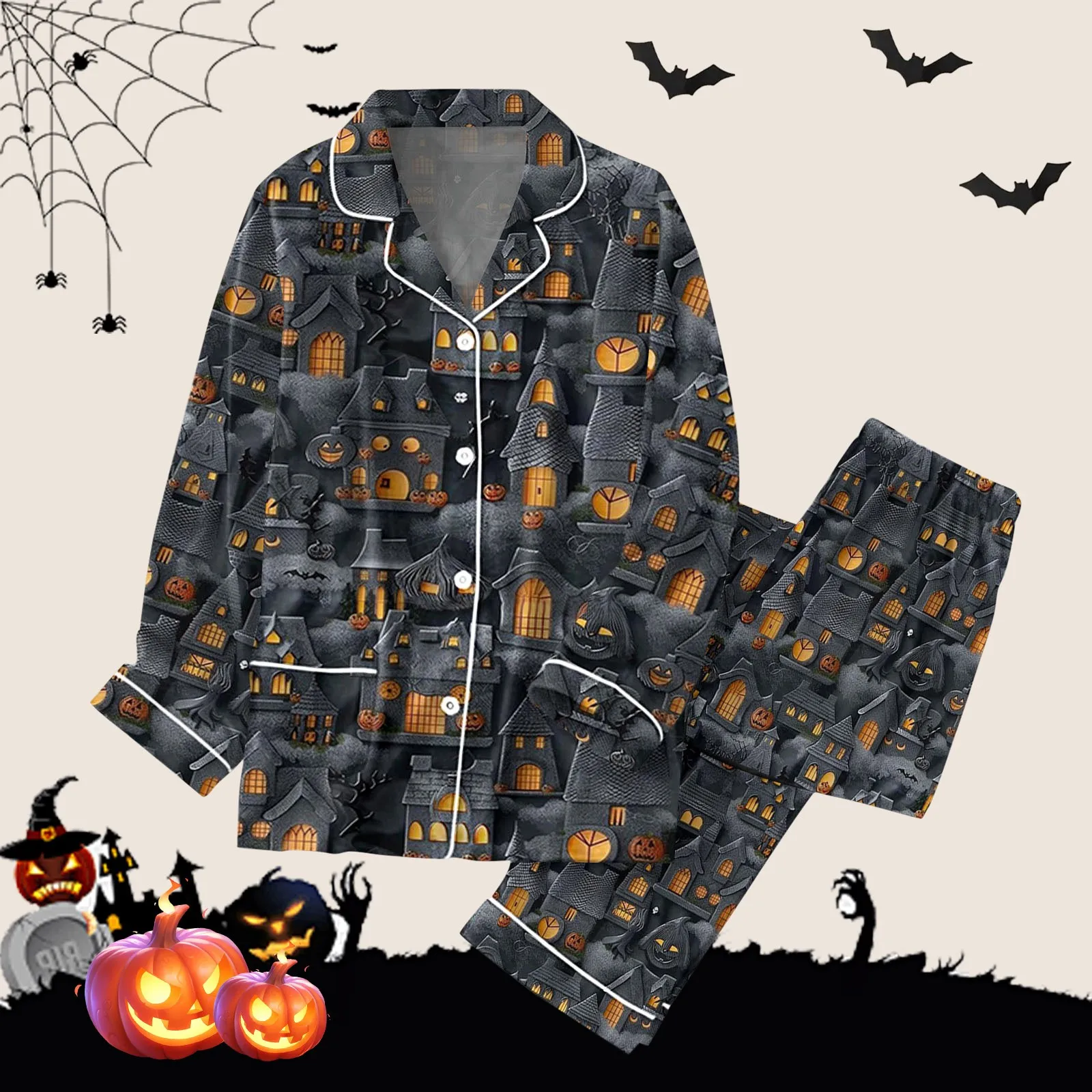 2 Piece Pajama Set Women\'s Halloween Nightgown Satin Silk Shirt Long Pants Women 2024 Halloween Pumpkin Graphic Long Pajama Set