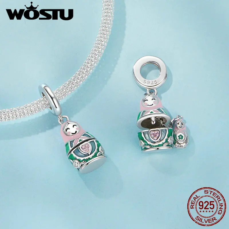 WOSTU 925 Sterling Silver Matryoshka Doll Pendant Russion Lovely Opened Charm Original Fit for Women Bracelet DIY Accesories