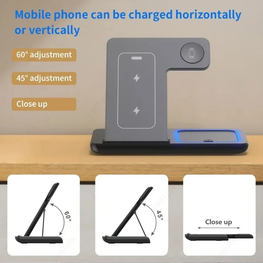 XIKCU Foldable Wireless Charging Station for iPhone 16 15 14 13 12 iWatch Ultra Airpods 4 Pro 3 in 1 Fast Charger Stand Dock