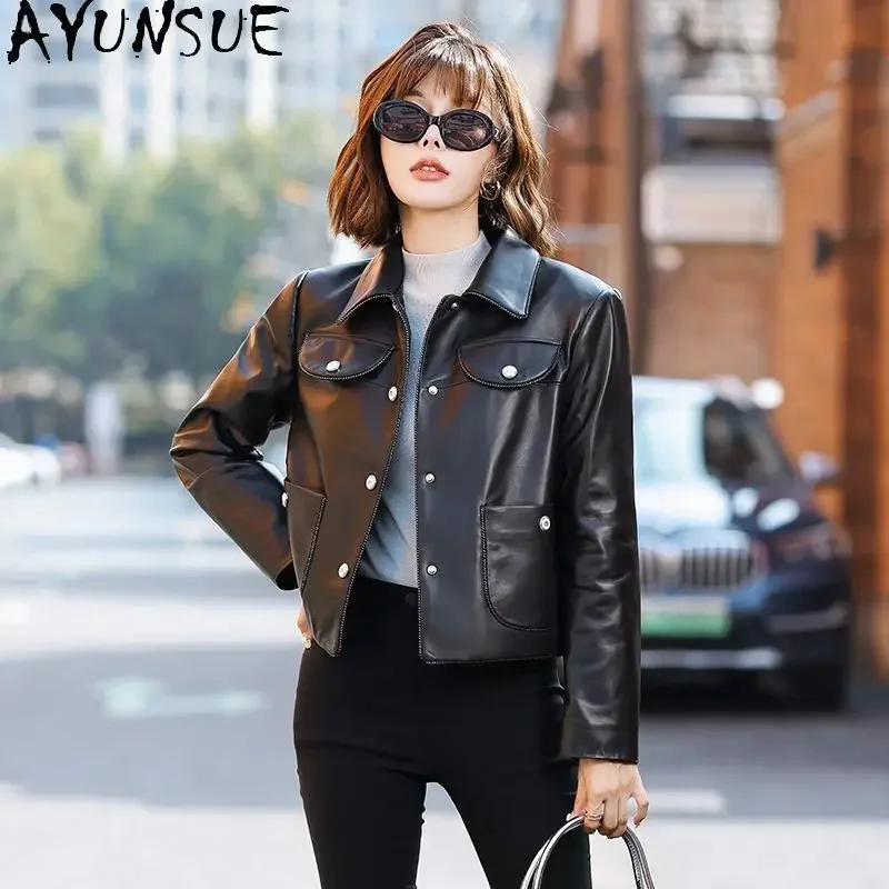 

Real AYUNSUE Leather Jacket Women Genuine Sheepskin Coat Square Collar Fashion Short Black Jackets Roupas Femininas