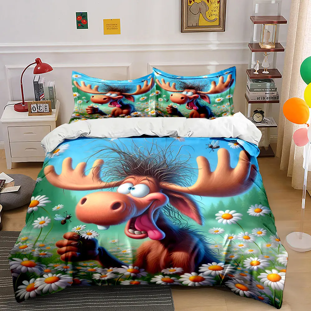 Cartoon moose holding daisies Bedding Set for Kids Luxury Gift 3pcs Digital Print Comforter Set Soft Comfortable Breathable