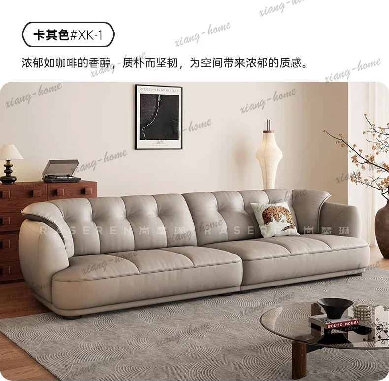 FG Black retro leather sofa first layer cowhide living room horizontal hall small apartment straight row wide sitting deep