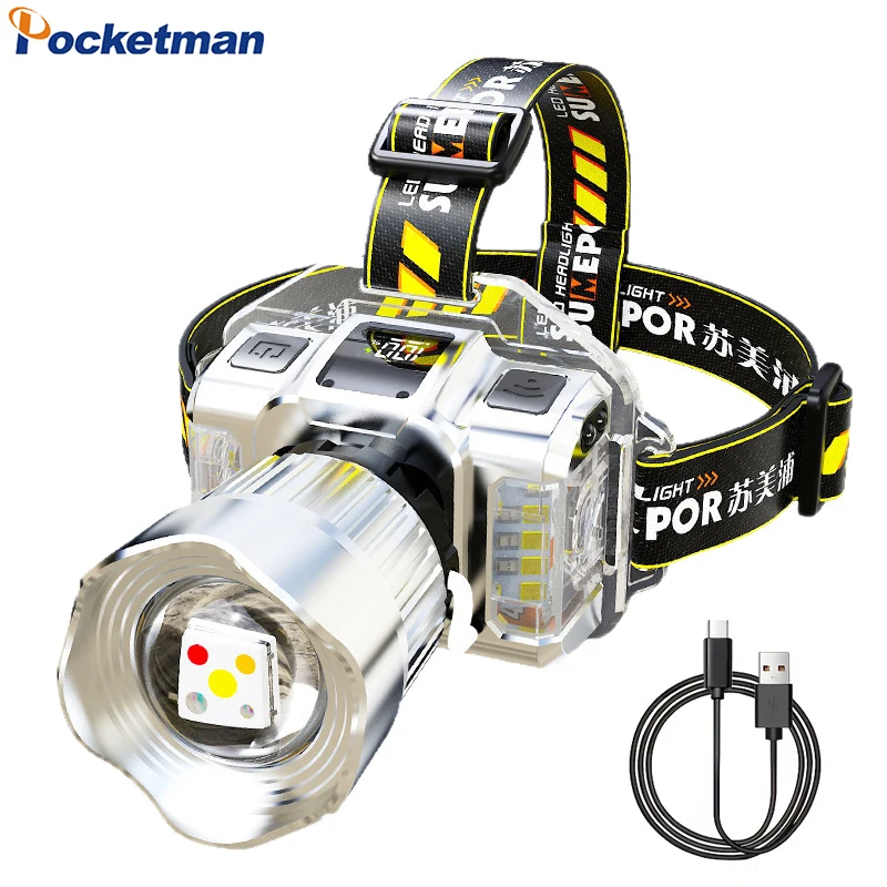 5-Color LED Headlamp (White/Yellow/Red/Blue/UV Light) USB Rechargeable Head Torch Waterproof Zoomable Headlight for Camping