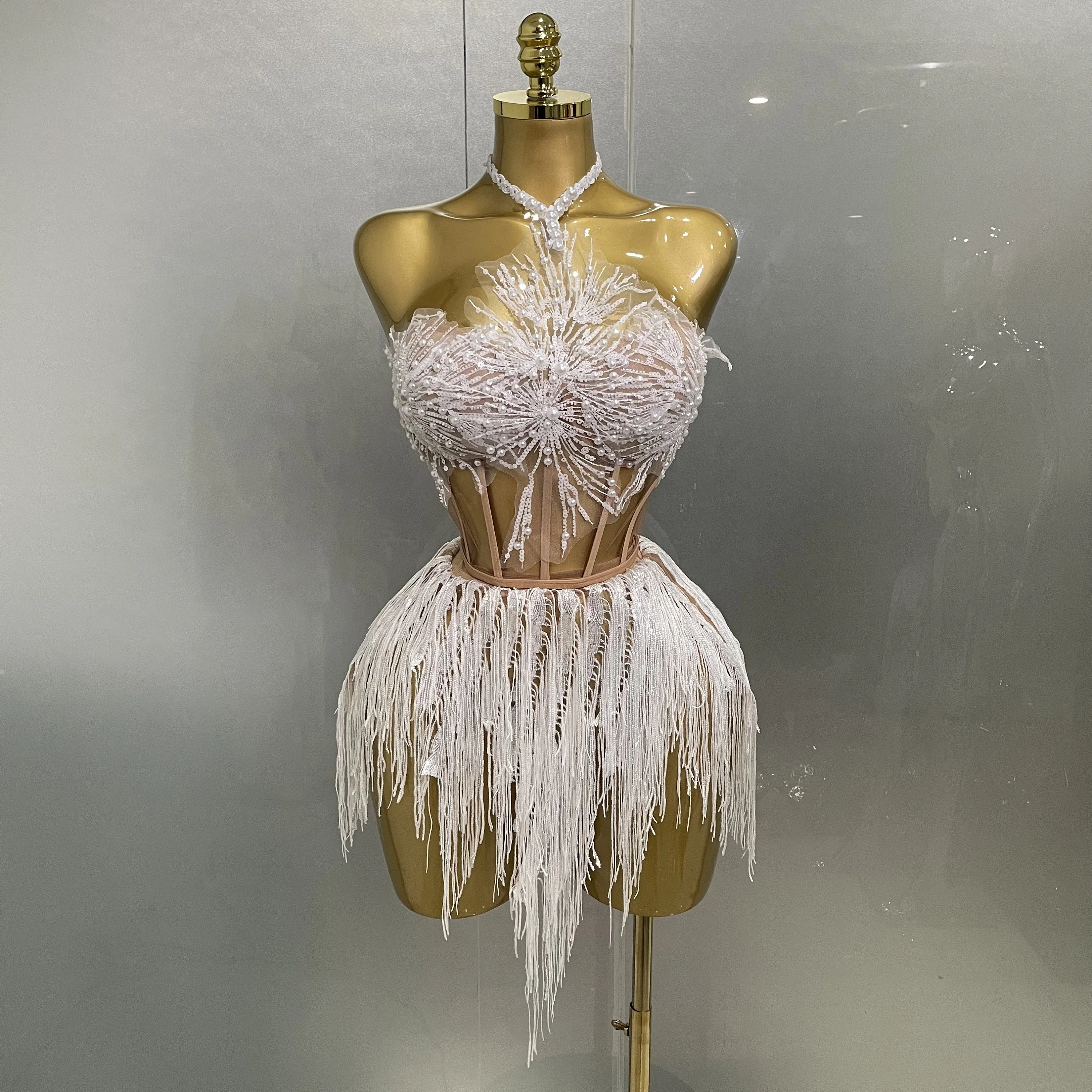 2025 Sexy Parel Pailletten Kwastje Mouwloze Glitter Mini Jurk Vrouwen Zanger Bar Nachtclub Stage Performance Kleding Show Outfit - afbeelding 2